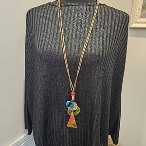 Black Striped Top with Colorful Pendant Necklace